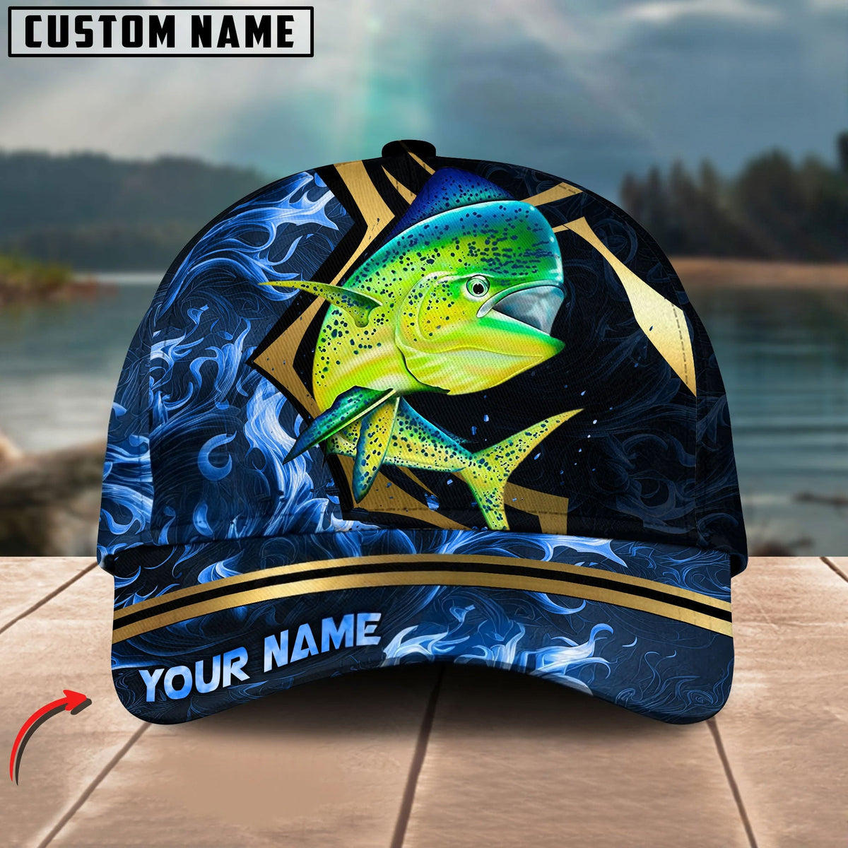 BlueJose Fishing Blue Ocean Wave & Gold Geometric Personalized Cap (12 Breeds)