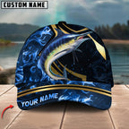 BlueJose Fishing Blue Ocean Wave & Gold Geometric Personalized Cap (12 Breeds)