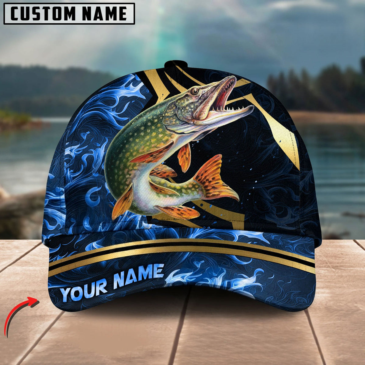 BlueJose Fishing Blue Ocean Wave & Gold Geometric Personalized Cap (12 Breeds)