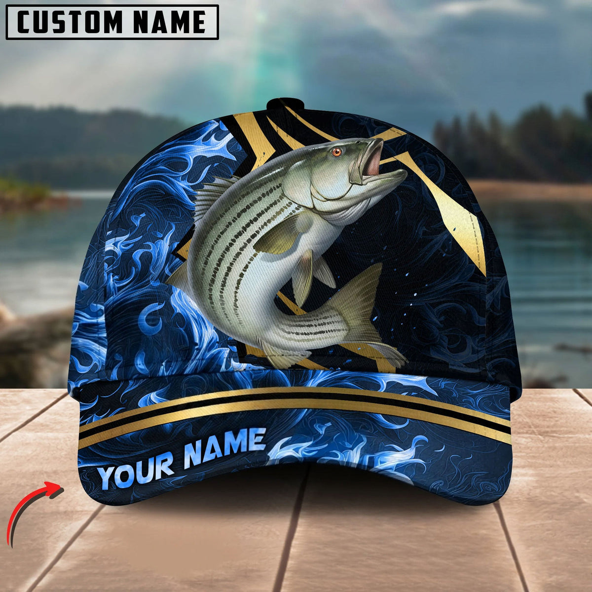 BlueJose Fishing Blue Ocean Wave & Gold Geometric Personalized Cap (12 Breeds)