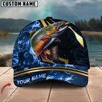 BlueJose Fishing Blue Ocean Wave & Gold Geometric Personalized Cap (12 Breeds)