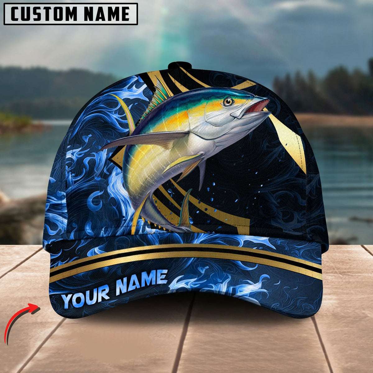 BlueJose Fishing Blue Ocean Wave & Gold Geometric Personalized Cap (12 Breeds)