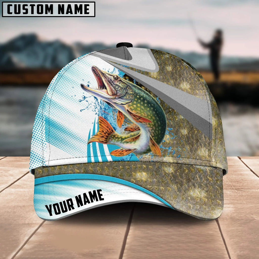BlueJose Pike Fishing Blue Water Fish Skin Customized Name 3D Cap