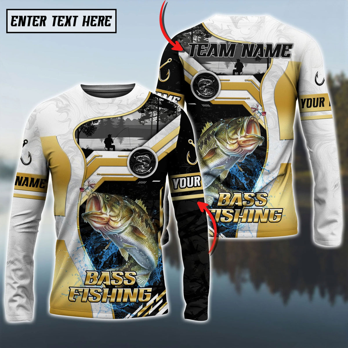 BlueJose Bass Fishing Angler Gold White Custom Name & Team Name 3D Shirts