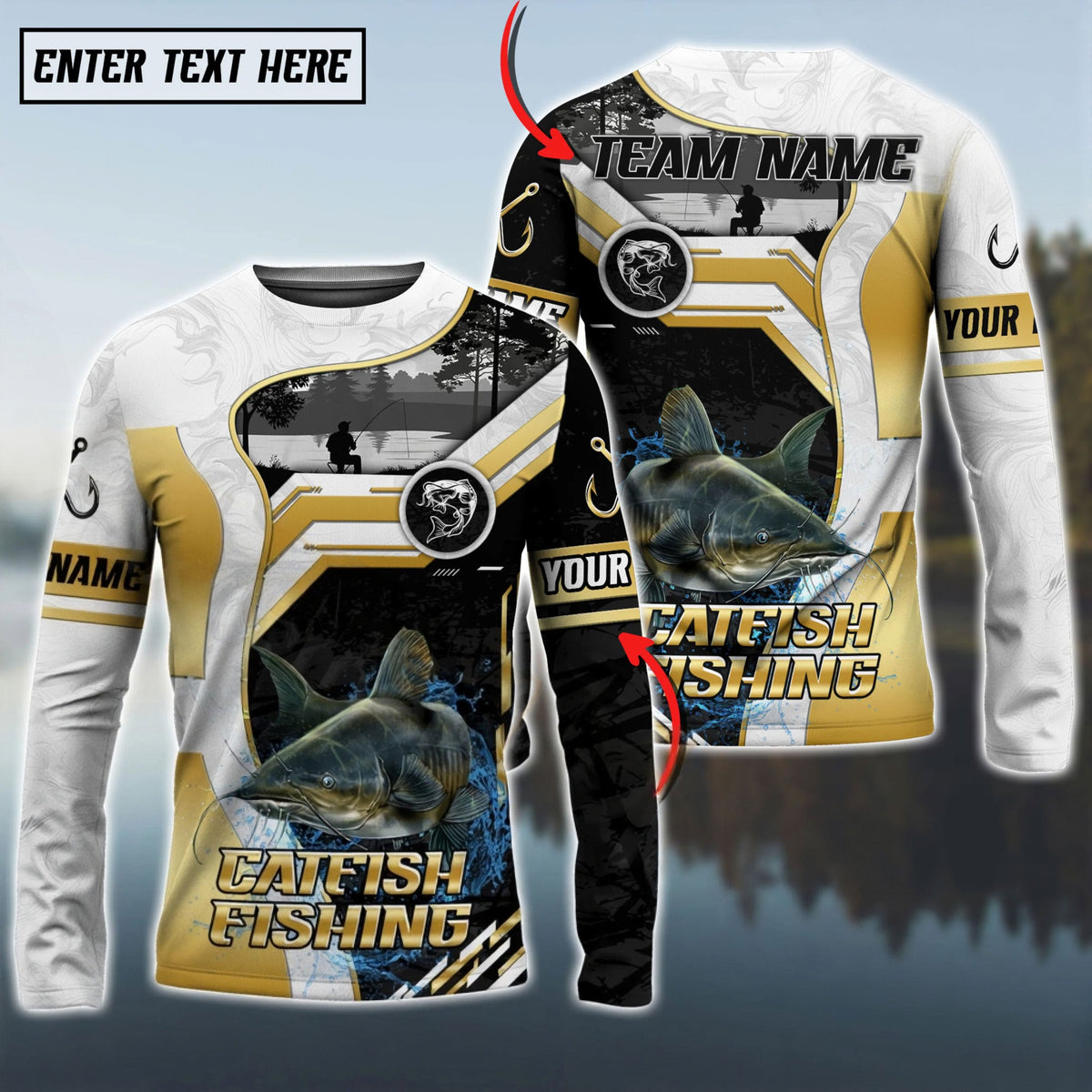 BlueJose Catfish Fishing Angler Gold White Custom Name & Team Name 3D Shirts