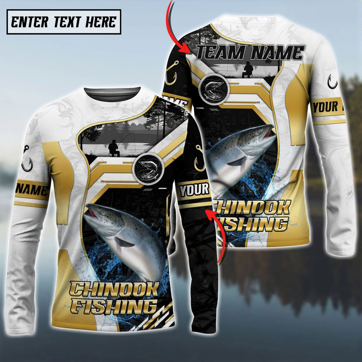 BlueJose Chinook Salmon Fishing Angler Gold White Custom Name & Team Name 3D Shirts