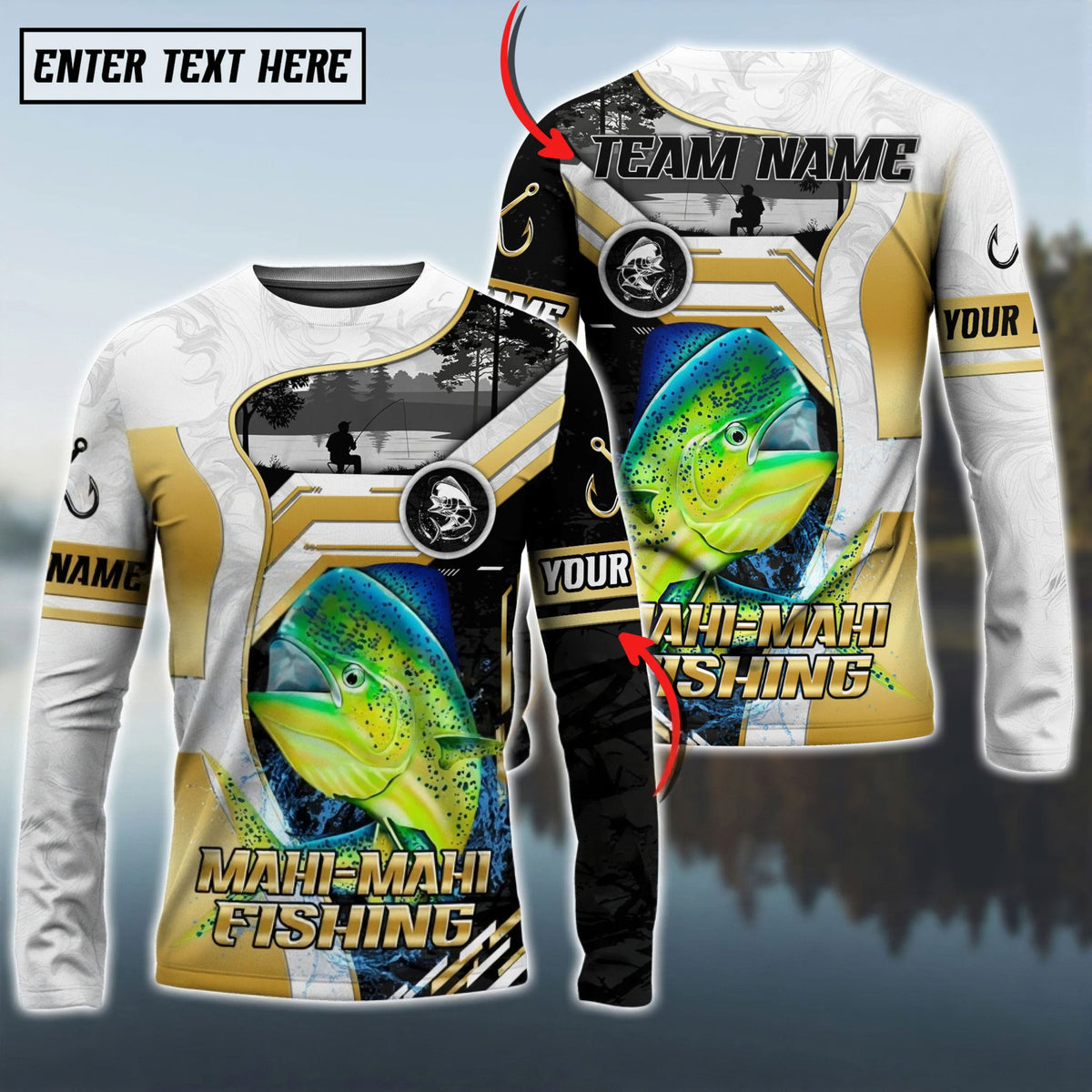 BlueJose Mahi-Mahi Fishing Angler Gold White Custom Name & Team Name 3D Shirts