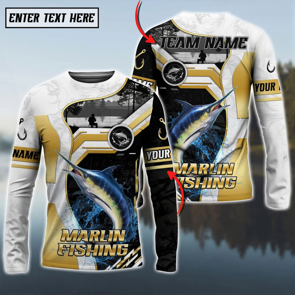 BlueJose Marlin Fishing Angler Gold White Custom Name & Team Name 3D Shirts