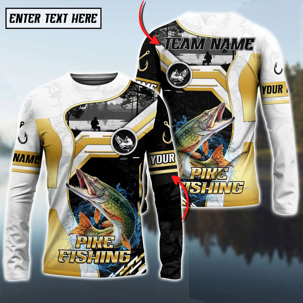 BlueJose Pike Fishing Angler Gold White Custom Name & Team Name 3D Shirts