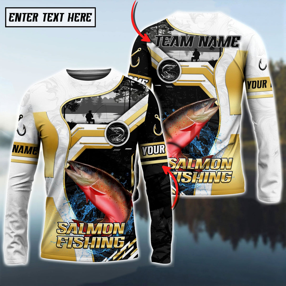 BlueJose Salmon Fishing Angler Gold White Custom Name & Team Name 3D Shirts
