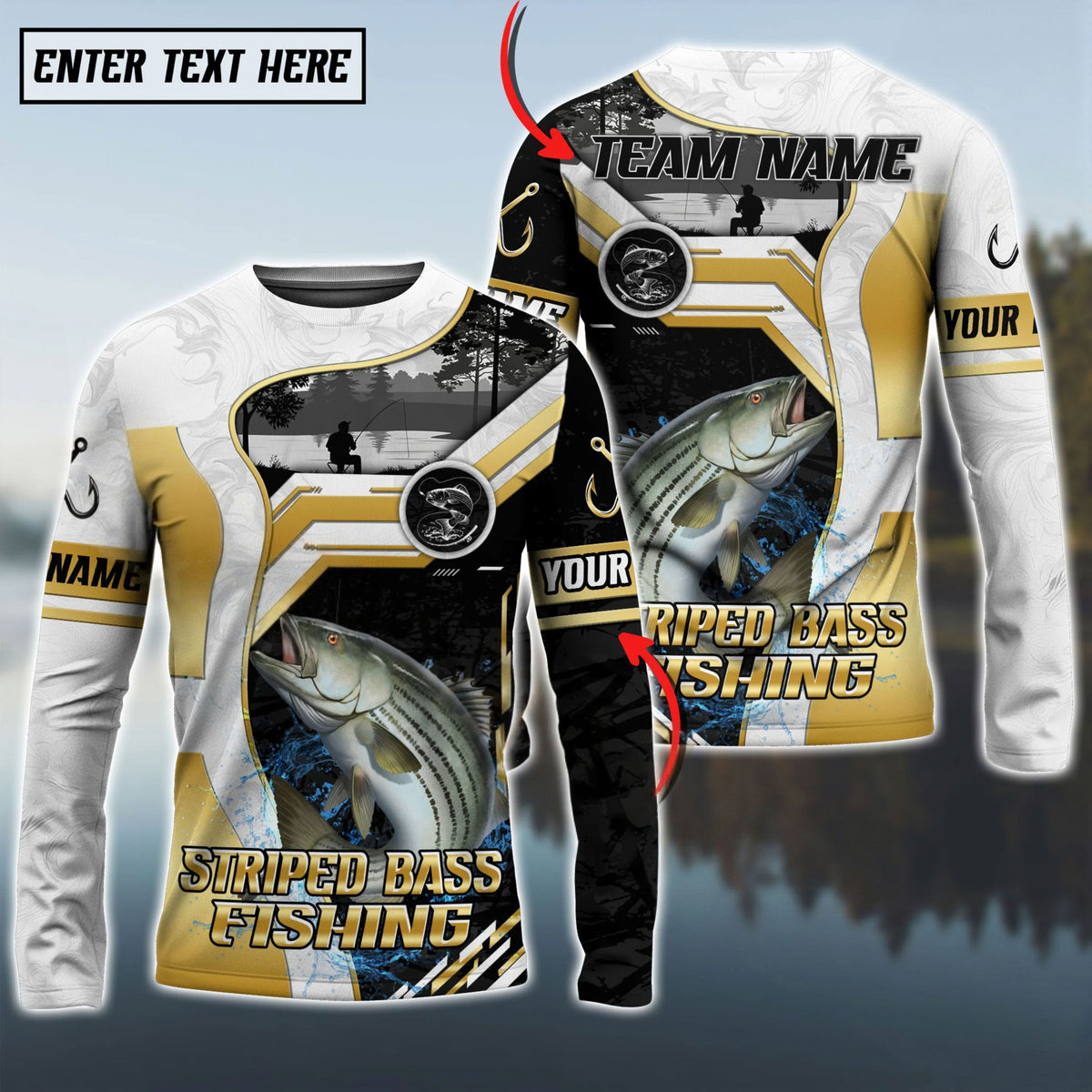 BlueJose Striped Bass Fishing Angler Gold White Custom Name & Team Name 3D Shirts