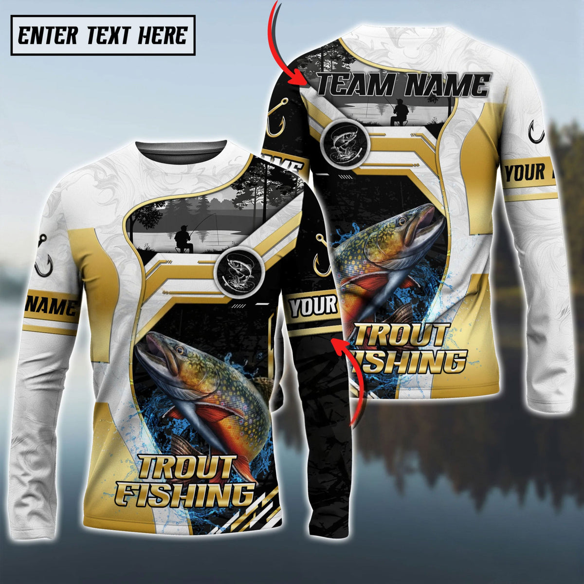 BlueJose Trout Fishing Angler Gold White Custom Name & Team Name 3D Shirts