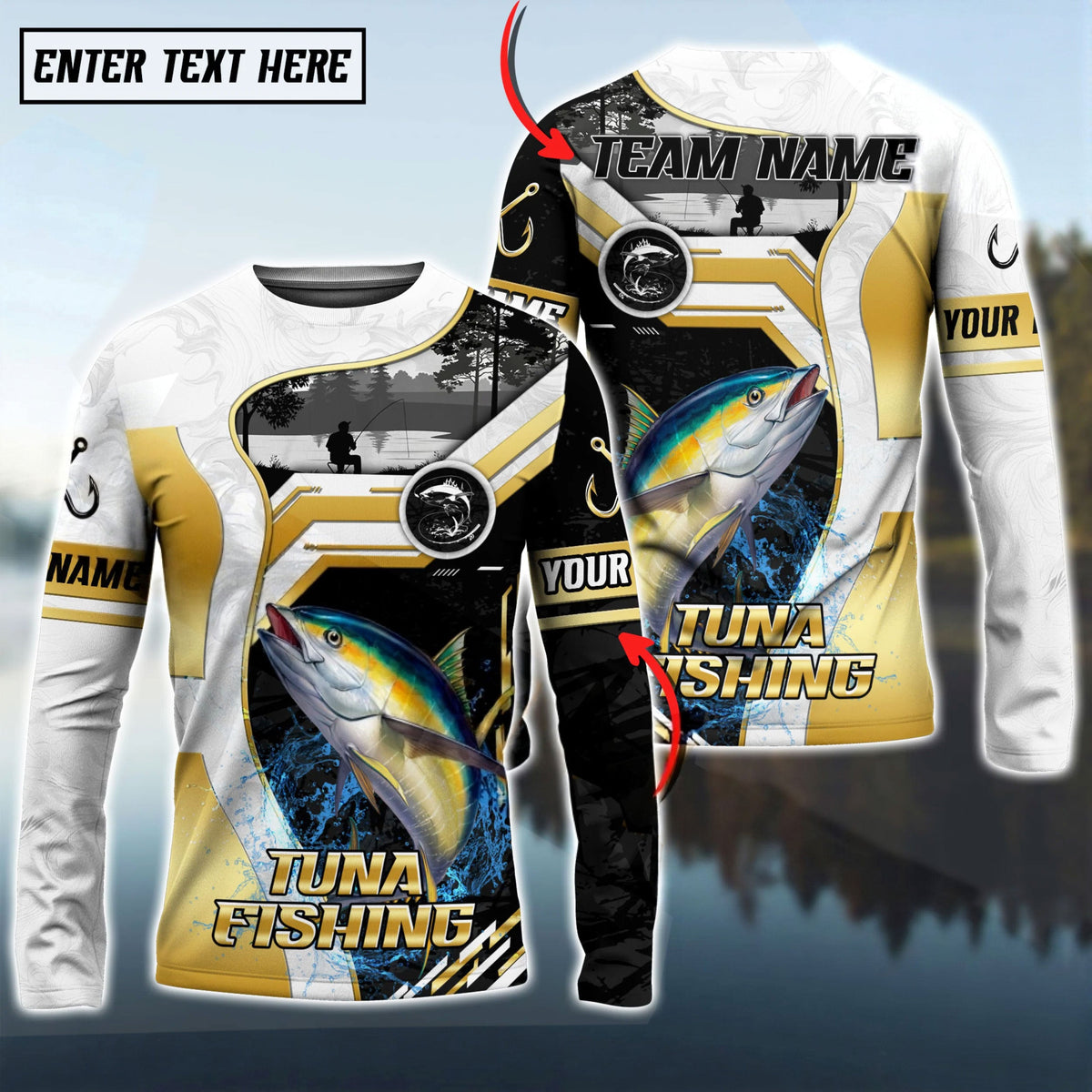 BlueJose Tuna Fishing Angler Gold White Custom Name & Team Name 3D Shirts