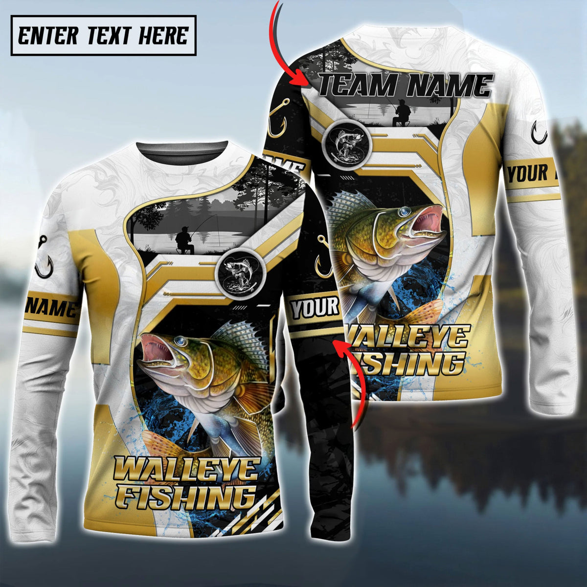 BlueJose Walleye Fishing Angler Gold White Custom Name & Team Name 3D Shirts