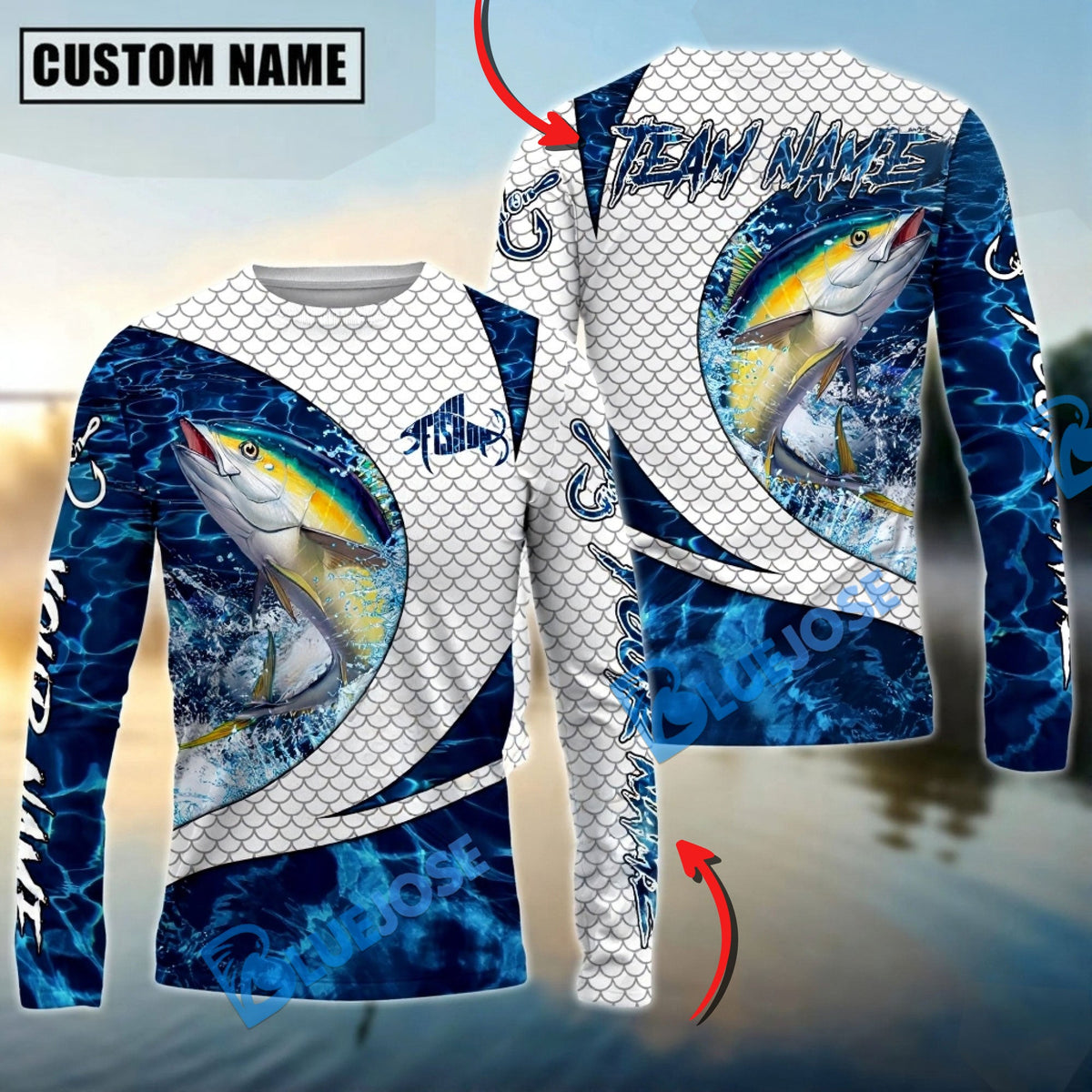 BlueJose Tuna Fishing Blue Wave Dynamic Sport Design Custom Name & Team Name 3D Shirts