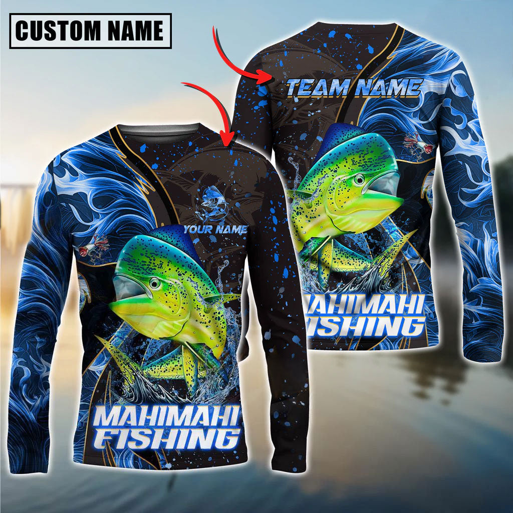 BlueJose Mahi-Mahi Fishing Blue Flame Smoke Line Premium Style Sport Custom Name & Team Name 3D Shirts