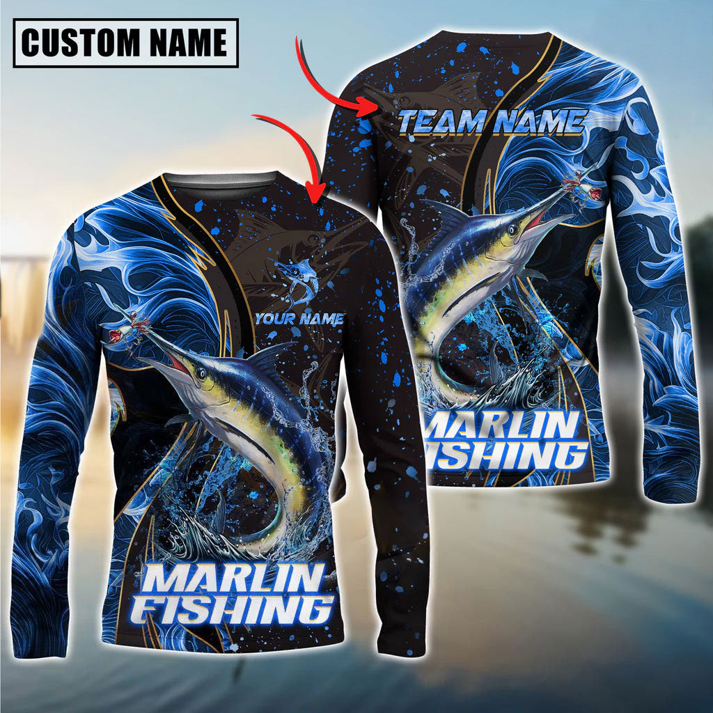 BlueJose Marlin Fishing Blue Flame Smoke Line Premium Style Sport Custom Name & Team Name 3D Shirts