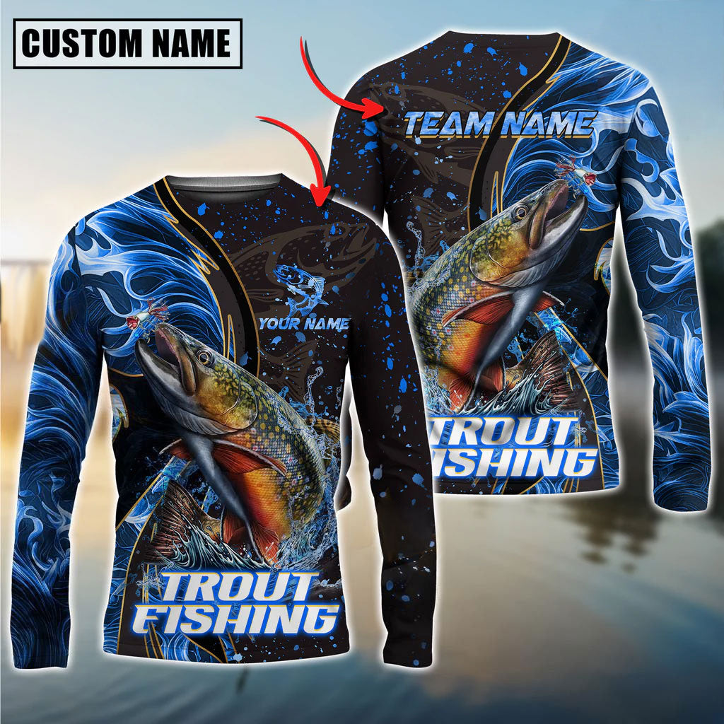 BlueJose Trout Fishing Blue Flame Smoke Line Premium Style Sport Custom Name & Team Name 3D Shirts