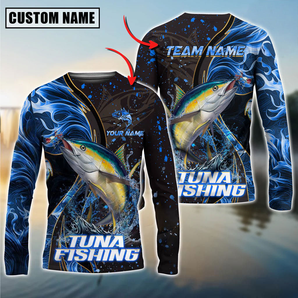 BlueJose Tuna Fishing Blue Flame Smoke Line Premium Style Sport Custom Name & Team Name 3D Shirts