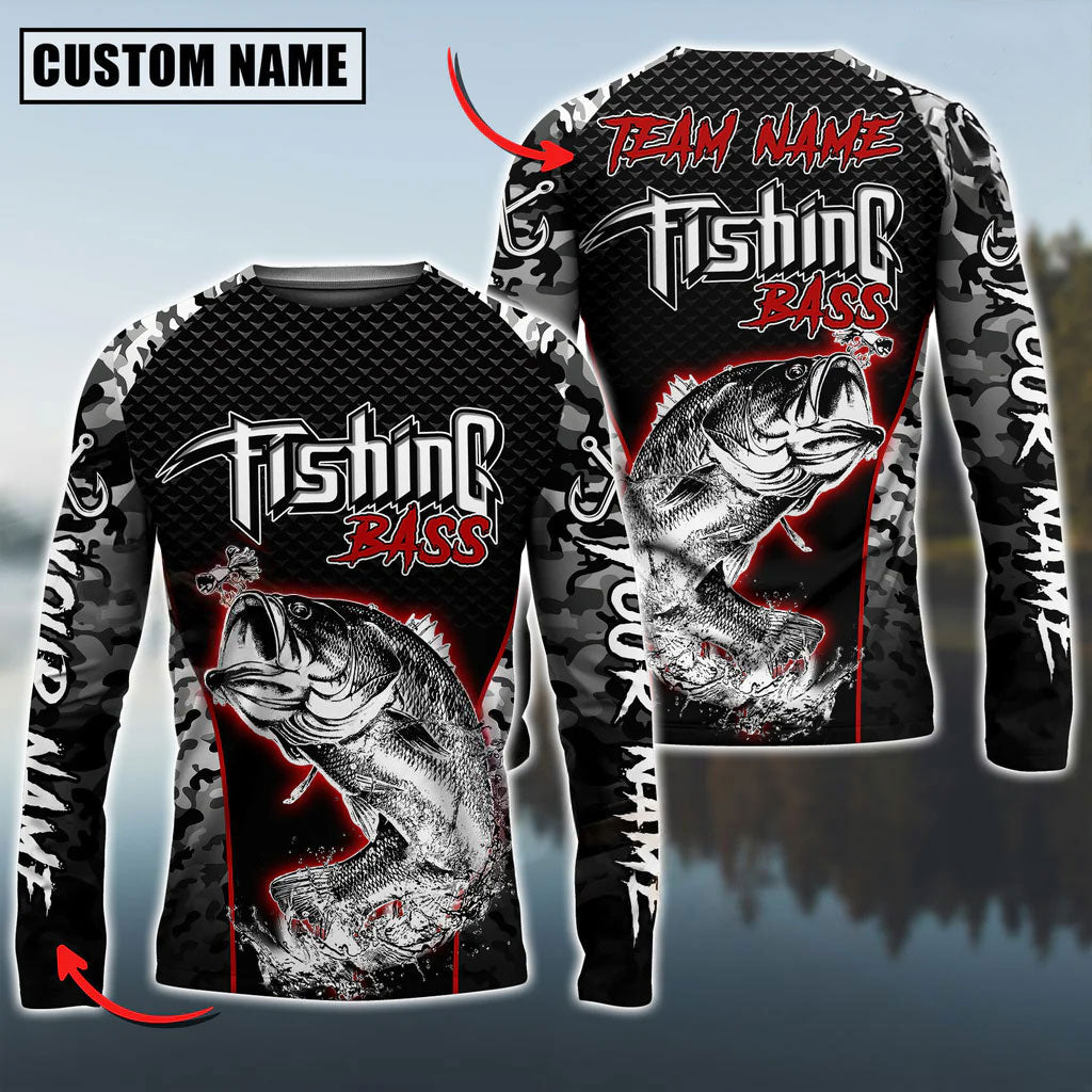 BlueJose Bass Fishing Aggressive Red Splash Camo Pattern Sport Custom Name & Team Name 3D Shirts
