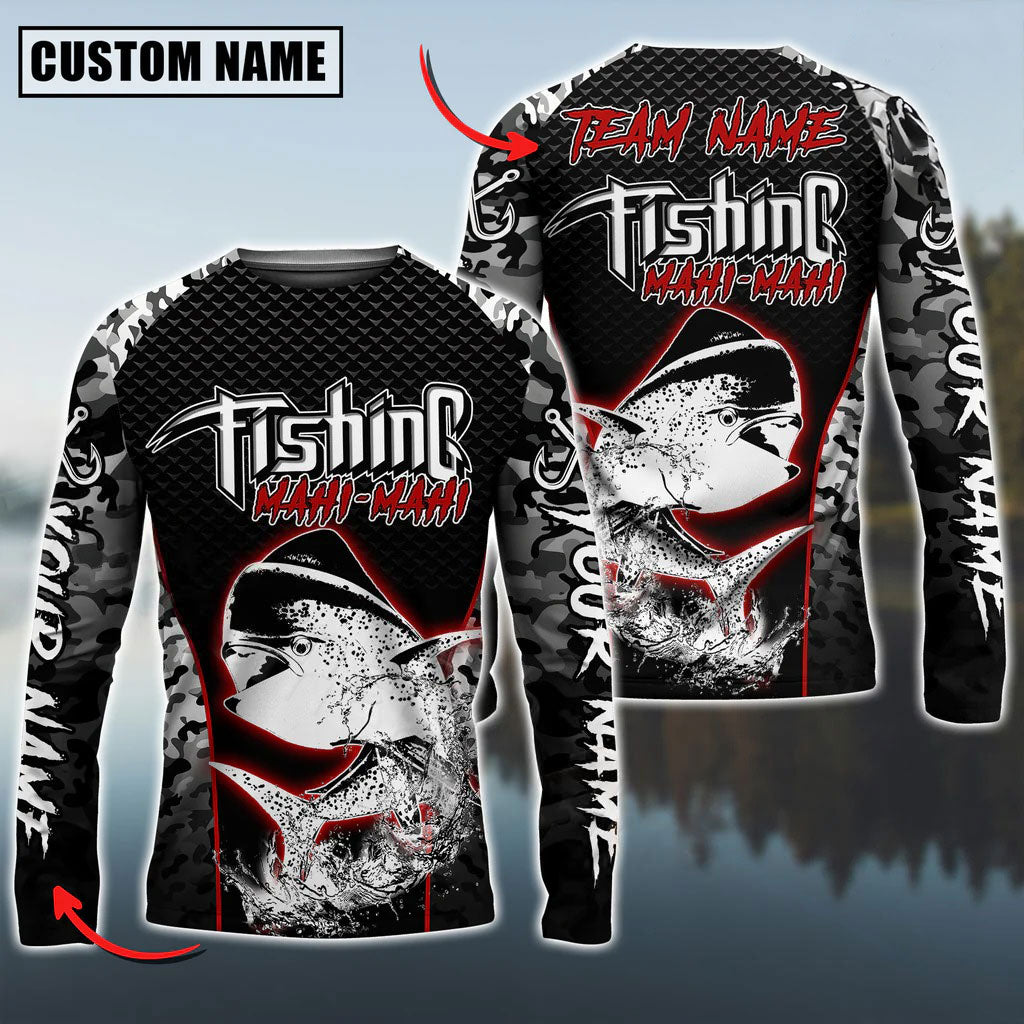 BlueJose Mahimahi Fishing Aggressive Red Splash Camo Pattern Sport Custom Name & Team Name 3D Shirts