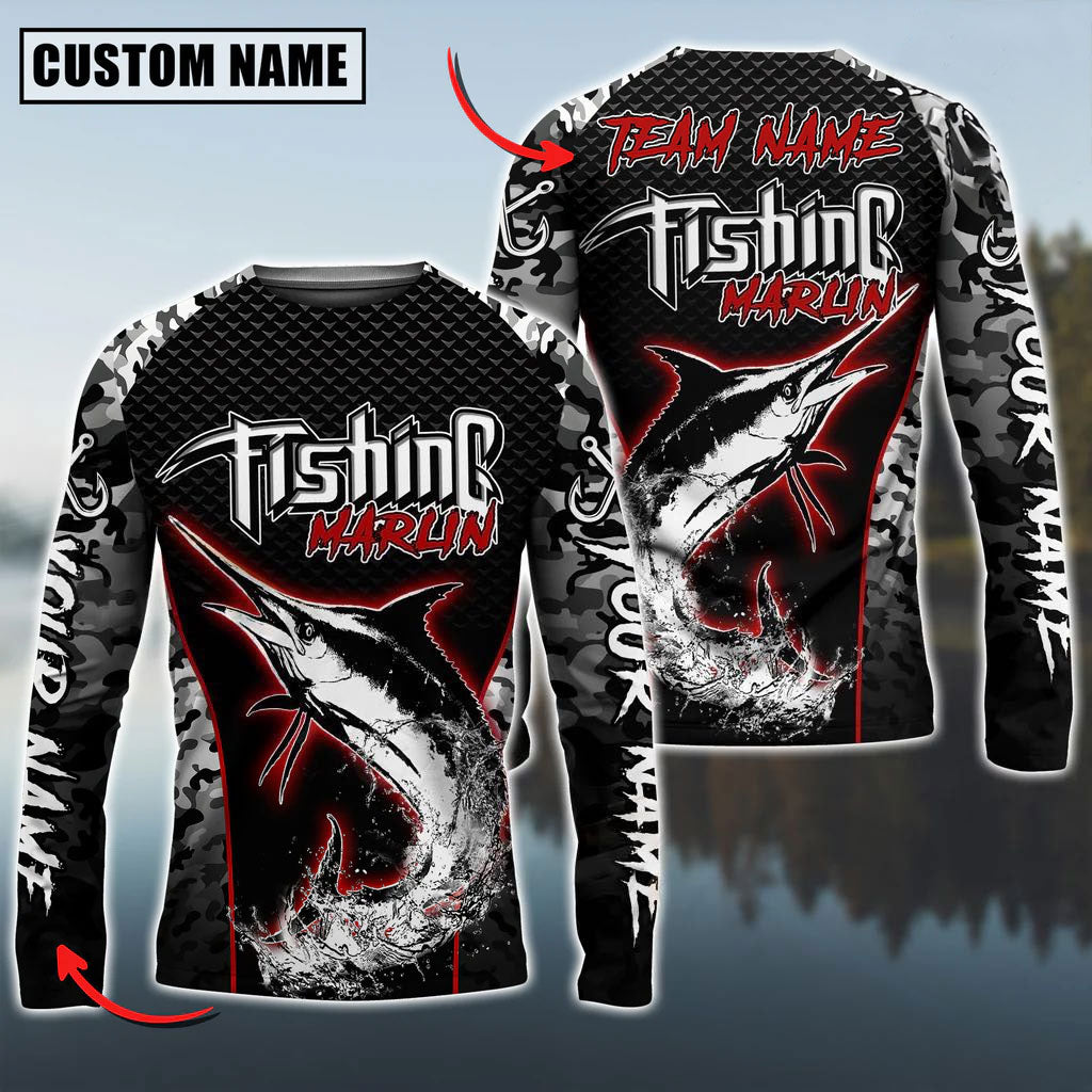BlueJose Marlin Fishing Aggressive Red Splash Camo Pattern Sport Custom Name & Team Name 3D Shirts