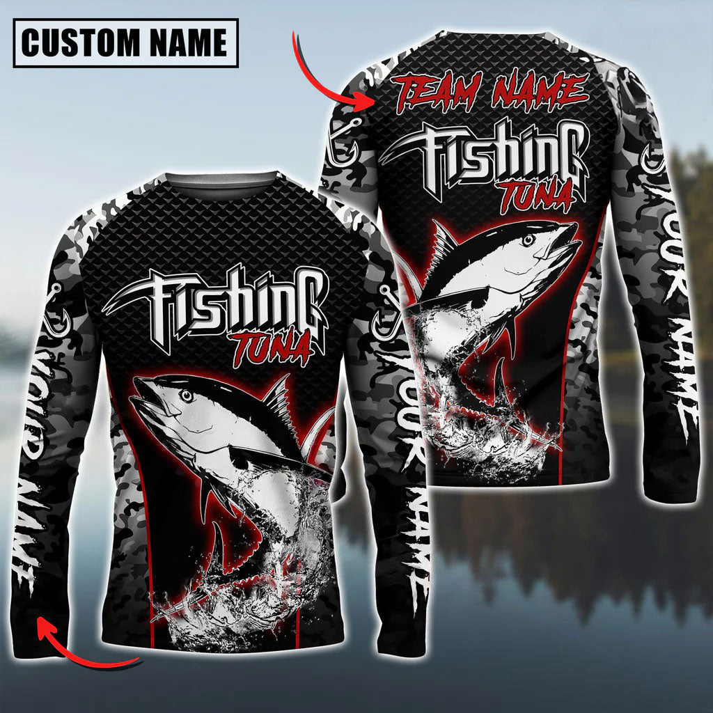 BlueJose Tuna Fishing Aggressive Red Splash Camo Pattern Sport Custom Name & Team Name 3D Shirts