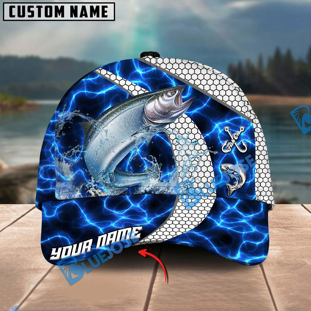 BlueJose Fishing Electric Water Hexagon Personalized Name Classic 3D Cap Personalized Cap (13 Breeds)