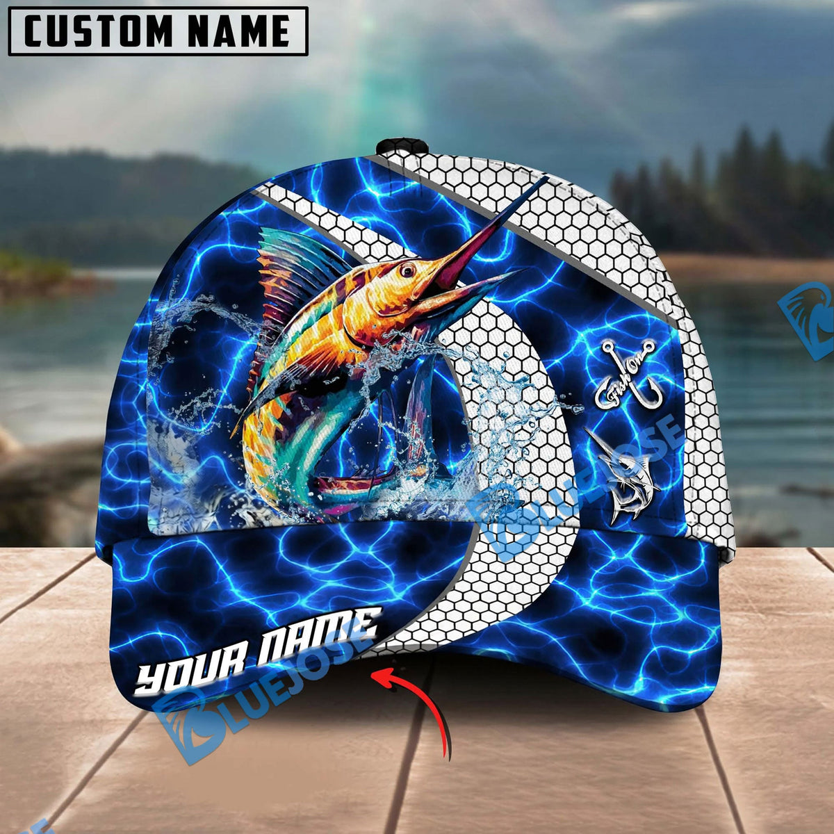 BlueJose Fishing Electric Water Hexagon Personalized Name Classic 3D Cap Personalized Cap (13 Breeds)
