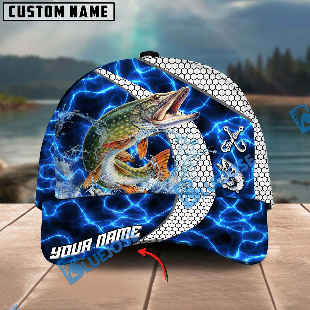 BlueJose Fishing Electric Water Hexagon Personalized Name Classic 3D Cap Personalized Cap (13 Breeds)