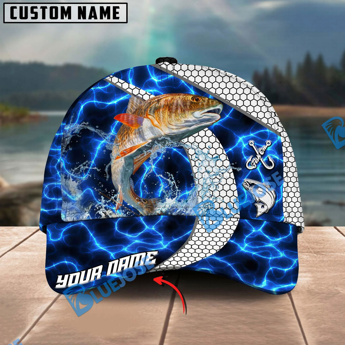 BlueJose Fishing Electric Water Hexagon Personalized Name Classic 3D Cap Personalized Cap (13 Breeds)