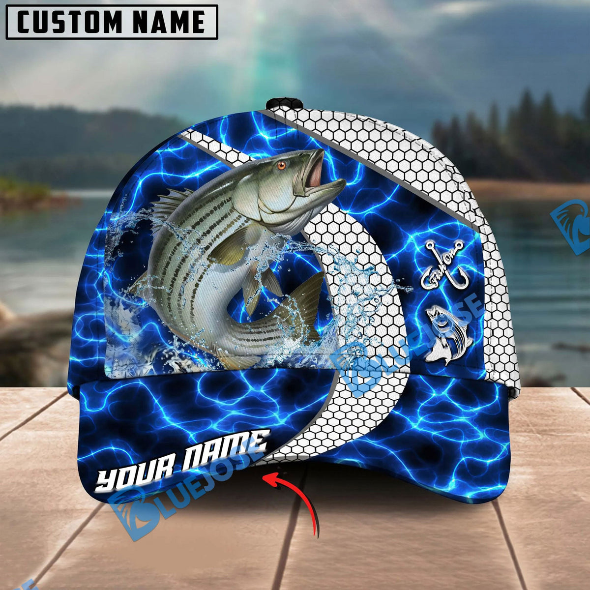 BlueJose Fishing Electric Water Hexagon Personalized Name Classic 3D Cap Personalized Cap (13 Breeds)