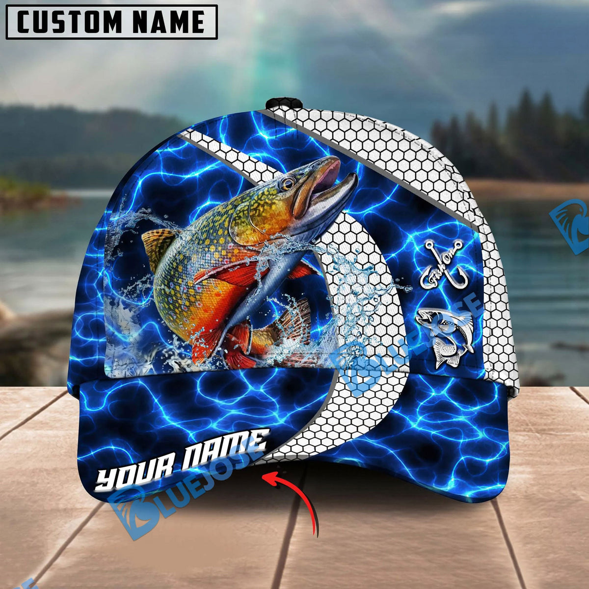 BlueJose Fishing Electric Water Hexagon Personalized Name Classic 3D Cap Personalized Cap (13 Breeds)