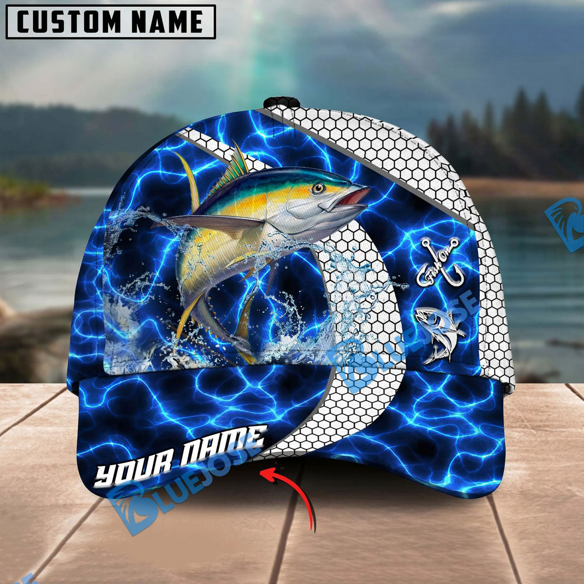BlueJose Fishing Electric Water Hexagon Personalized Name Classic 3D Cap Personalized Cap (13 Breeds)