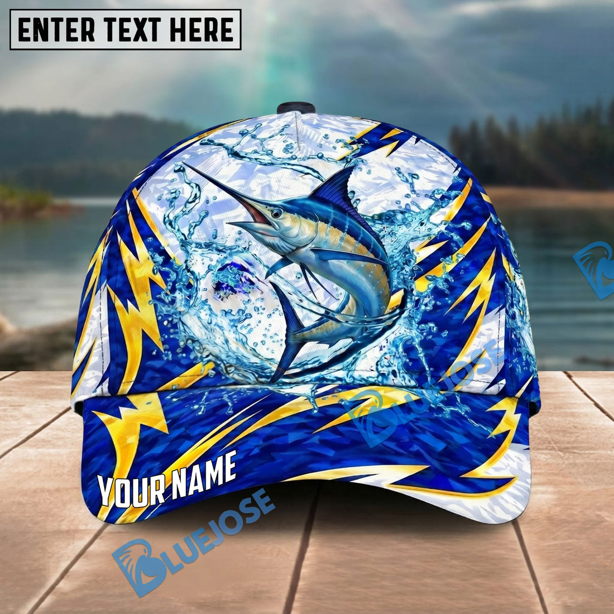BlueJose Fishing Lightning Splash Blue Pattern Personalized Name Classic 3D Cap Personalized Cap (13 Breeds)
