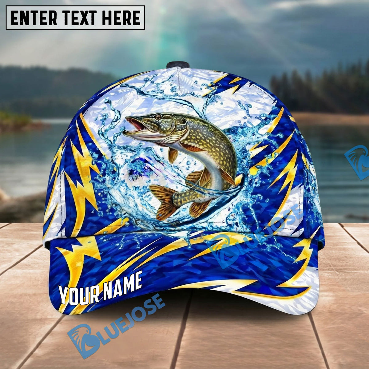 BlueJose Fishing Lightning Splash Blue Pattern Personalized Name Classic 3D Cap Personalized Cap (13 Breeds)