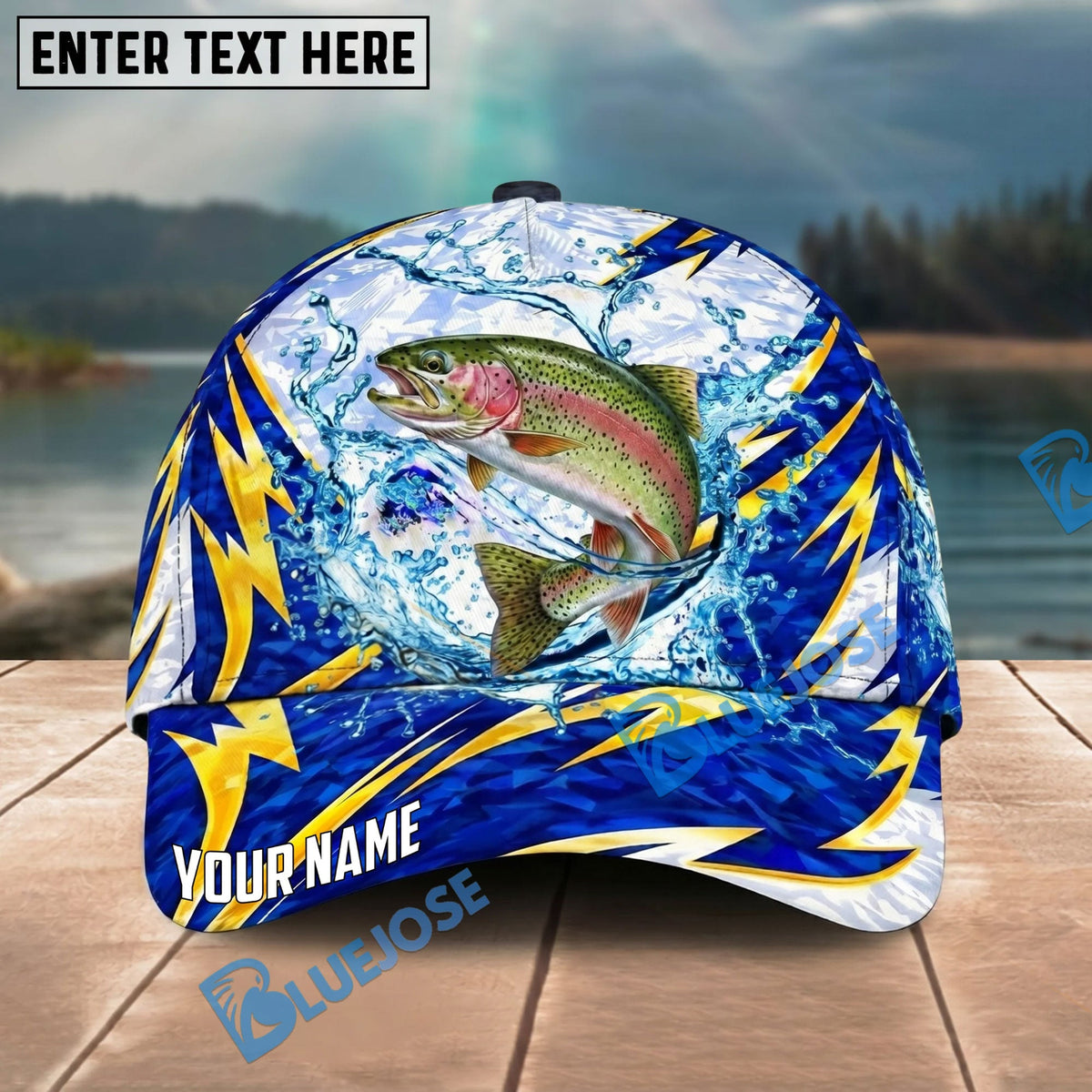BlueJose Fishing Lightning Splash Blue Pattern Personalized Name Classic 3D Cap Personalized Cap (13 Breeds)