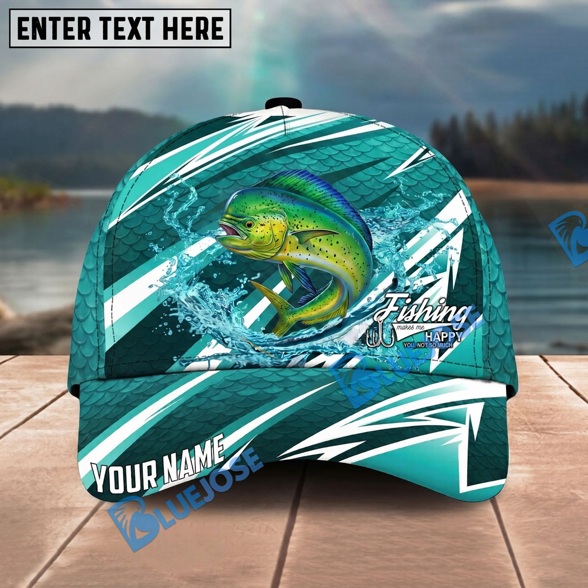 BlueJose Fishing Cyan Lightning Scale Pattern Splash Water Personalized Name Classic 3D Cap Personalized Cap (13 Breeds)