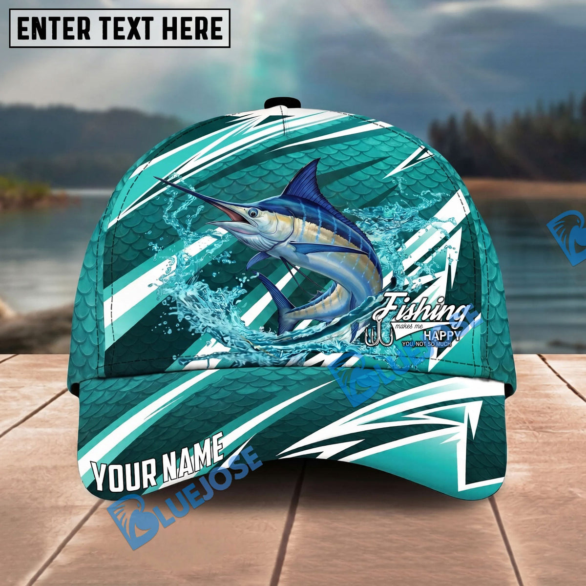 BlueJose Fishing Cyan Lightning Scale Pattern Splash Water Personalized Name Classic 3D Cap Personalized Cap (13 Breeds)