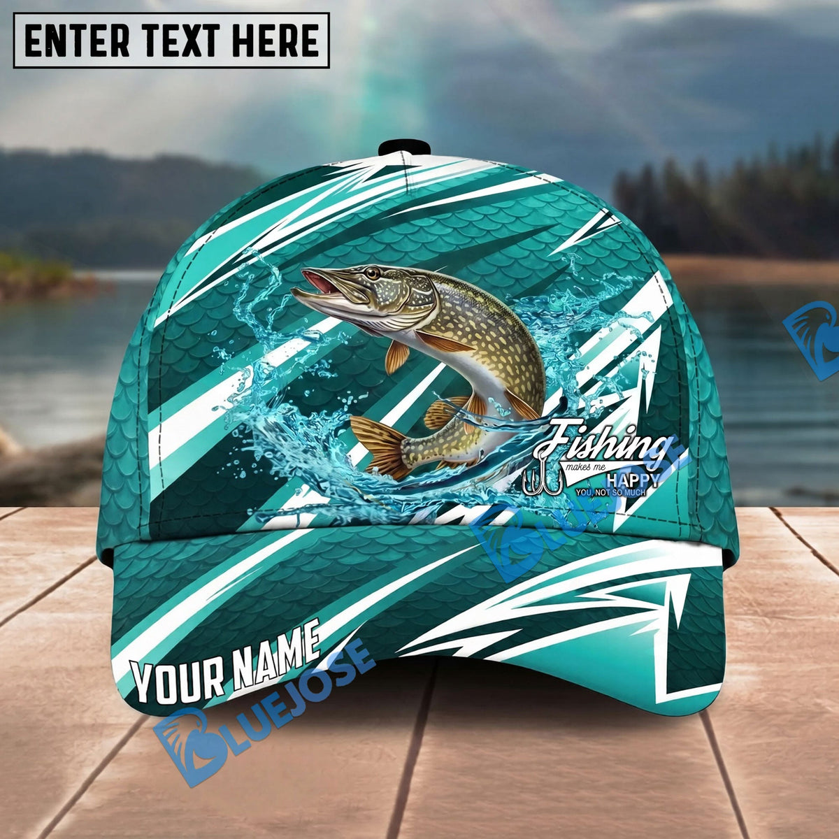 BlueJose Fishing Cyan Lightning Scale Pattern Splash Water Personalized Name Classic 3D Cap Personalized Cap (13 Breeds)