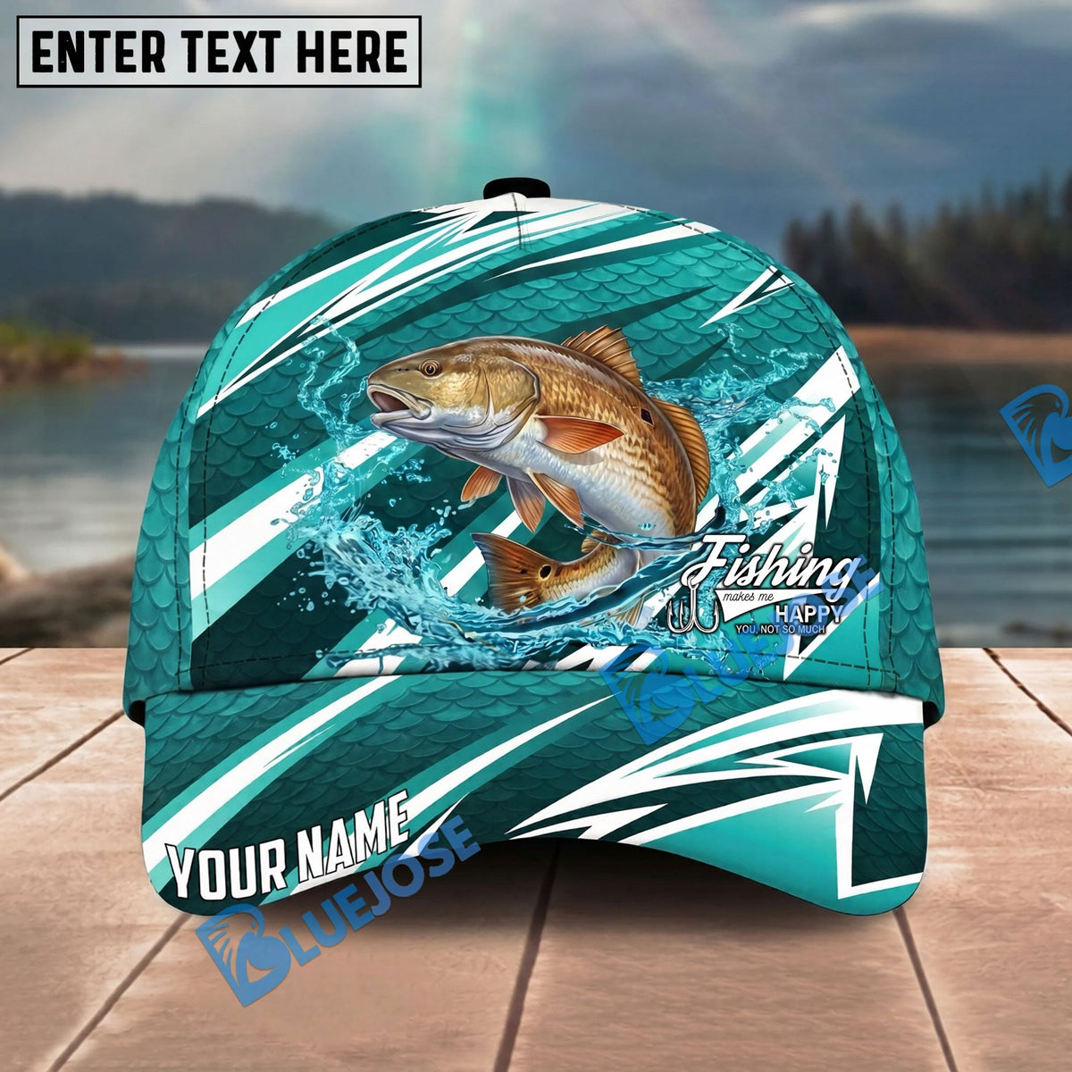 BlueJose Fishing Cyan Lightning Scale Pattern Splash Water Personalized Name Classic 3D Cap Personalized Cap (13 Breeds)
