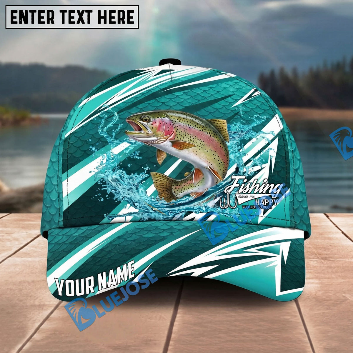 BlueJose Fishing Cyan Lightning Scale Pattern Splash Water Personalized Name Classic 3D Cap Personalized Cap (13 Breeds)