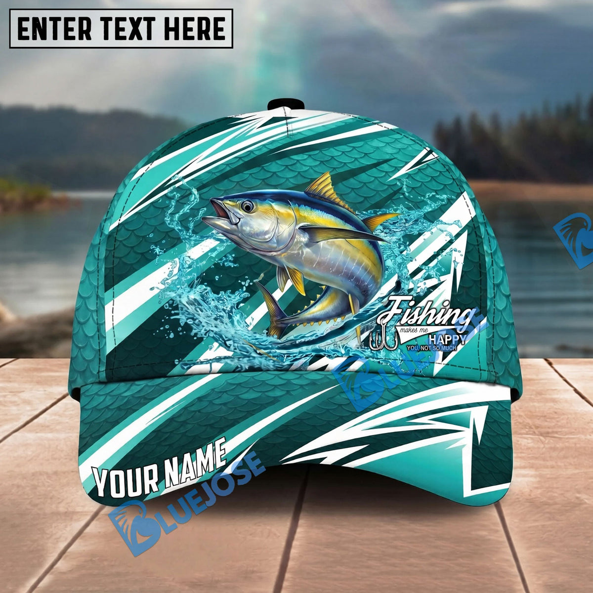 BlueJose Fishing Cyan Lightning Scale Pattern Splash Water Personalized Name Classic 3D Cap Personalized Cap (13 Breeds)