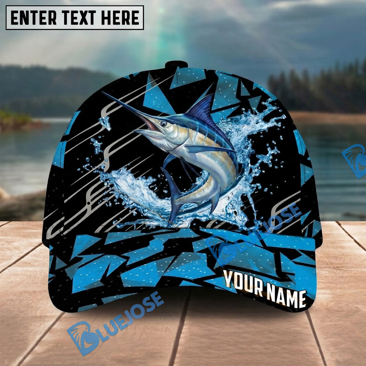 BlueJose Fishing Geometric Splash Dark Blue Pattern Personalized Name Classic 3D Cap Personalized Cap (13 Breeds)