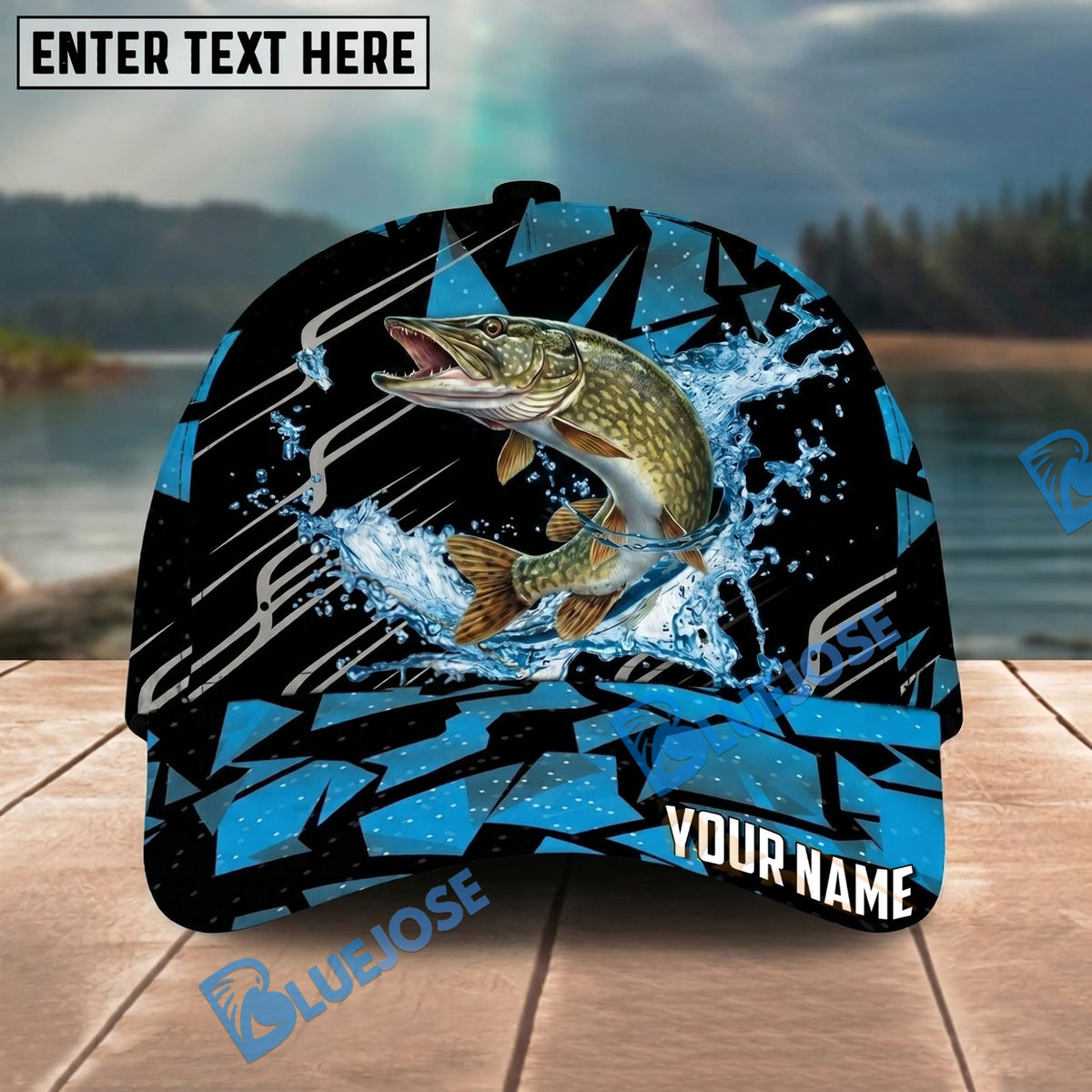 BlueJose Fishing Geometric Splash Dark Blue Pattern Personalized Name Classic 3D Cap Personalized Cap (13 Breeds)