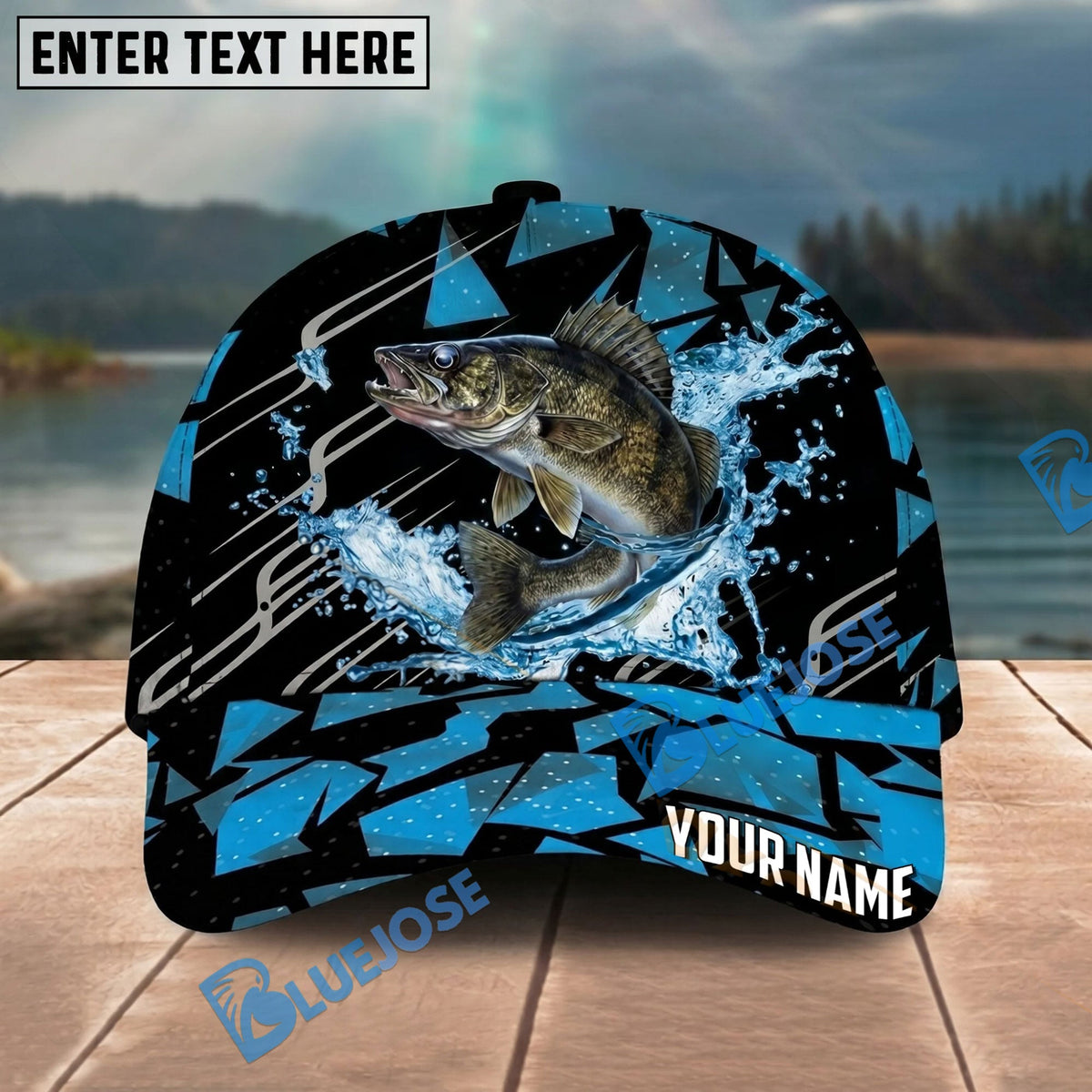 BlueJose Fishing Geometric Splash Dark Blue Pattern Personalized Name Classic 3D Cap Personalized Cap (13 Breeds)