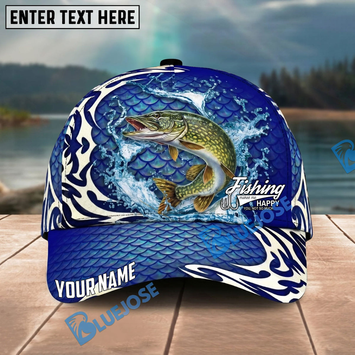 BlueJose Fishing Scale Pattern Ocean Wave Style Personalized Name Classic 3D Cap Personalized Cap (13 Breeds)