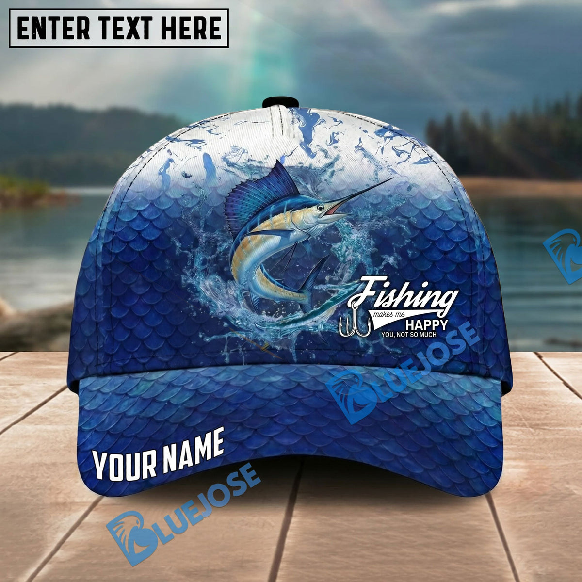 BlueJose Fishing Water Splash Scale Gradient Design Personalized Name Classic 3D Cap Personalized Cap (13 Breeds)