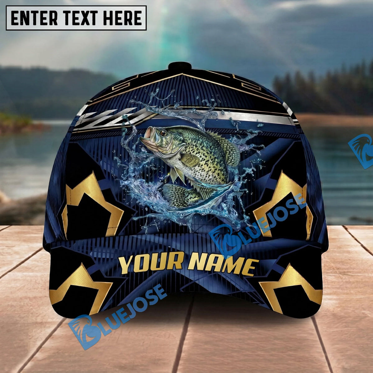 BlueJose Fishing Black Gold Geometric Personalized Name Classic 3D Cap Personalized Cap (13 Breeds)
