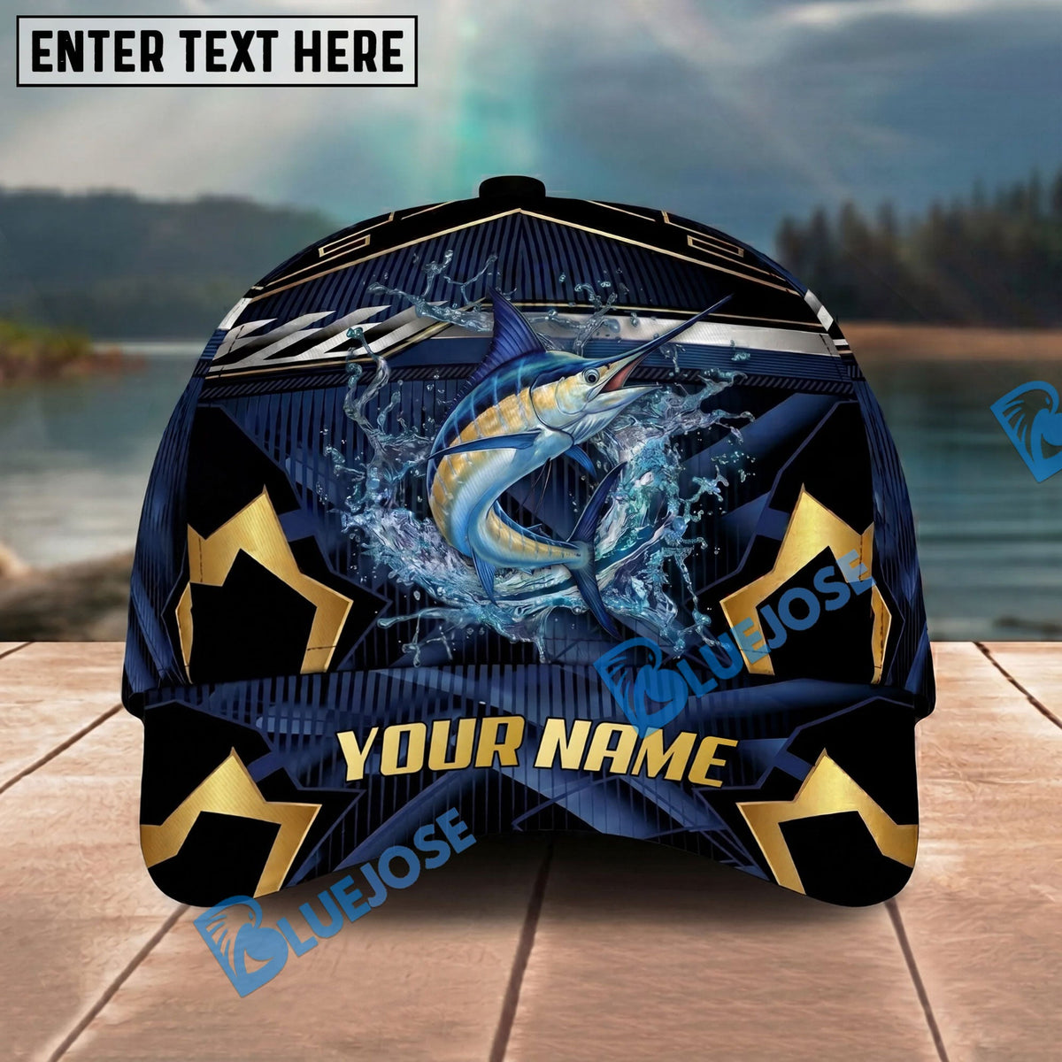 BlueJose Fishing Black Gold Geometric Personalized Name Classic 3D Cap Personalized Cap (13 Breeds)